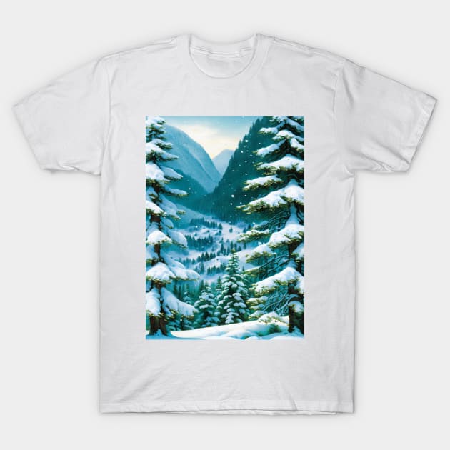 View of a Snowy Tundra Valley from a Low Hill T-Shirt by CursedContent